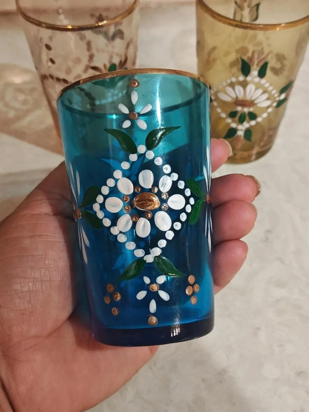 3 pc Vintage Victorian Art Glass Painted Tumblers